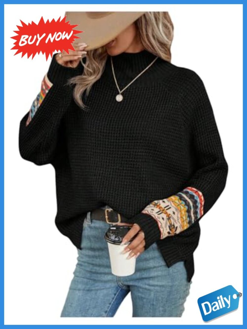 Women's Waffle Knit Mock Neck Pullover Sweater Long Sleeve Geo Print